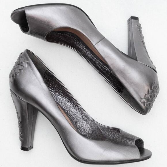 Elliott Lucca Metallic Pewter Gray Leather Braided Heels Size 6 - Picture 6 of 10